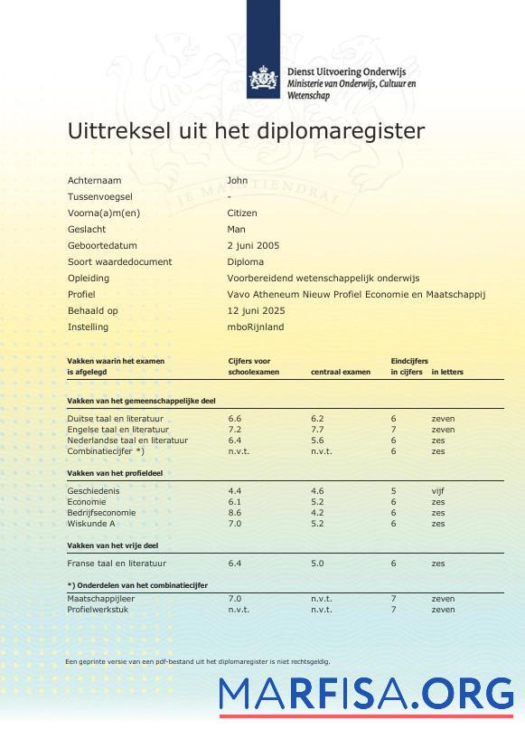 Realistic Netherlands MboRijnland Diploma Register Extract template in Word and PDF format